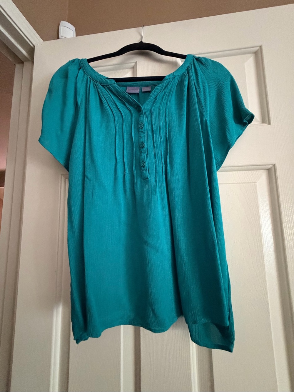 Laura Scott Teal Short-Sleeve Pintuck Henley Blouse